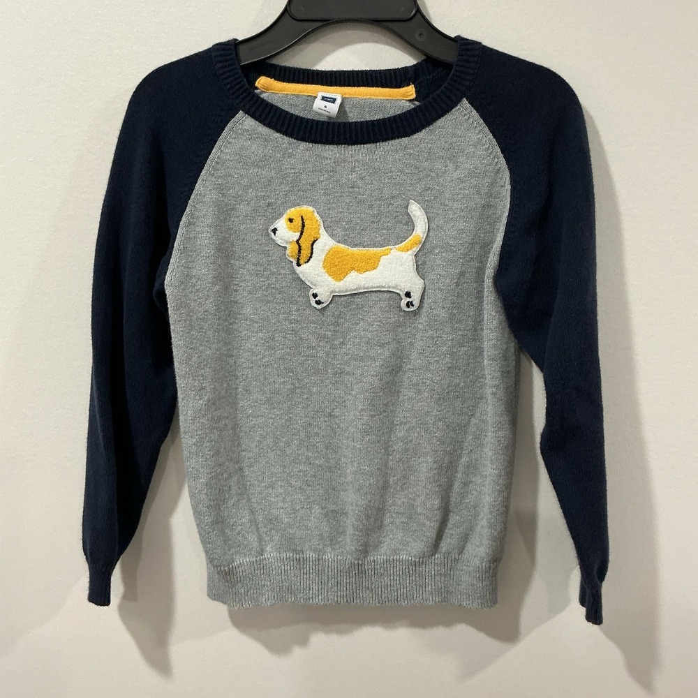 Janie & Jack Bassett Hound Dog Sweater Size 6 Pullover Gray Navy Appliqué